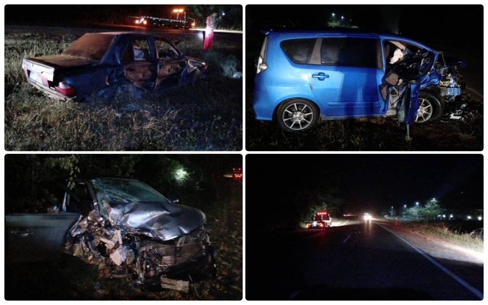 A taxi driver was killed while four others were injured in a three-vehicle collision at KM143 of Jalan Kuantan-Segamat in Rompin yesterday. — Picture courtesy of Rompin police