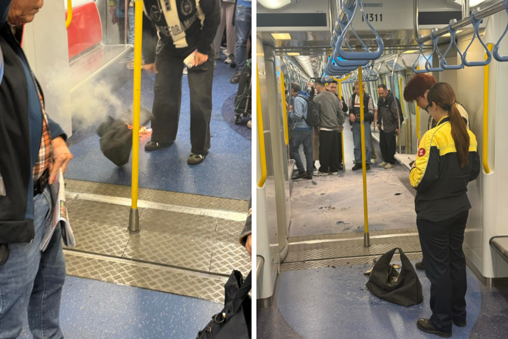 Social media images showed thick smoke and flames coming from a passenger’s bag. The fire was quickly extinguished, and no injuries were reported. — Picture from Threads/kenophk2001