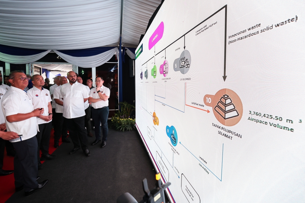 Johor Menteri Besar Datuk Onn Hafiz Ghazi (second from left) listens to a briefing from Kumpulan Prasarana Rakyat Johor Sdn Bhd chief executive officer Datuk Lukman Abu Bakar (left) during the groundbreaking ceremony of Johor’s State Integrated Scheduled Waste Acquisition, Treatment and Disposal Centre at PTD 15829, Mukim Ulu Sungai Johor, off Jalan Sungai Tiram in Kota Tinggi, February 6, 2026. — Bernama pic 