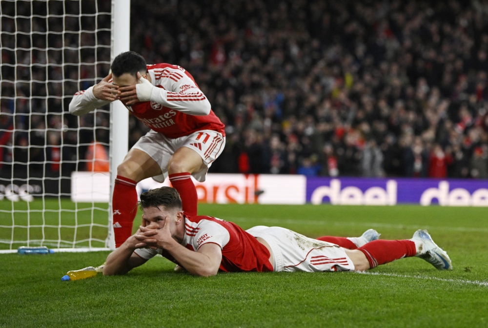 Arsenal’s Viktor Gyokeres celebrates scoring the third goal with teammate Gabriel Martinelli during the Premier League match against Sunderland at the Emirates Stadium in London on February 7, 2026. — Reuters