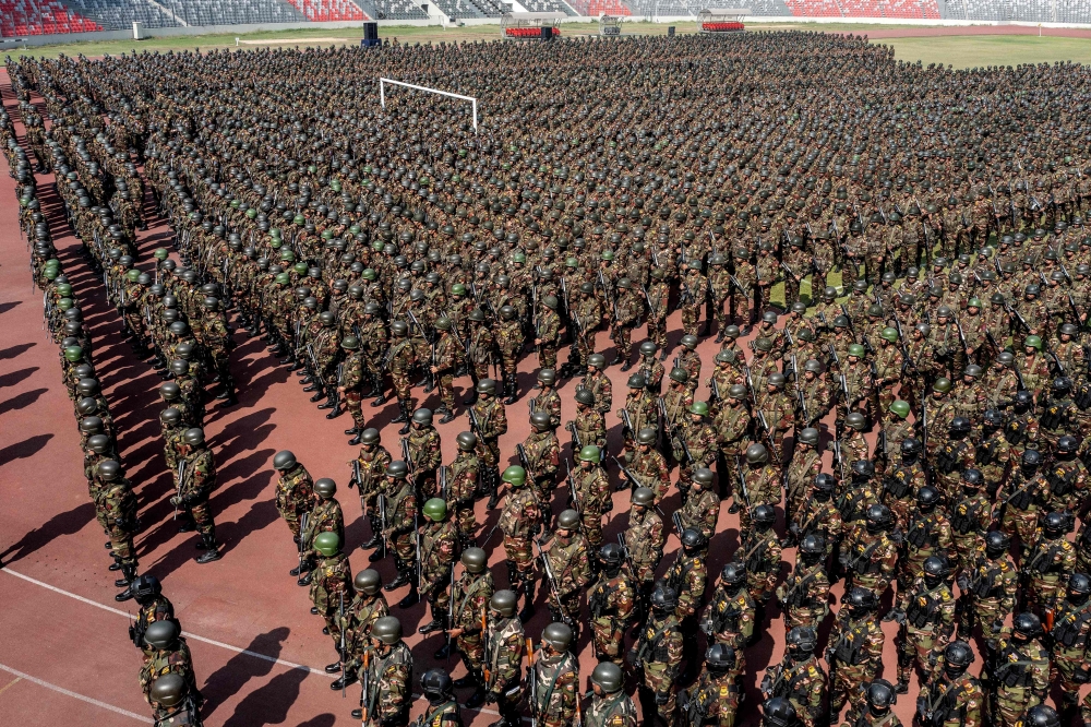 Bangladesh Army personnel gather at the National Stadium in Dhaka on February 5, 2026, as they prepare for the upcoming country's general election on February 12. — AFP pic