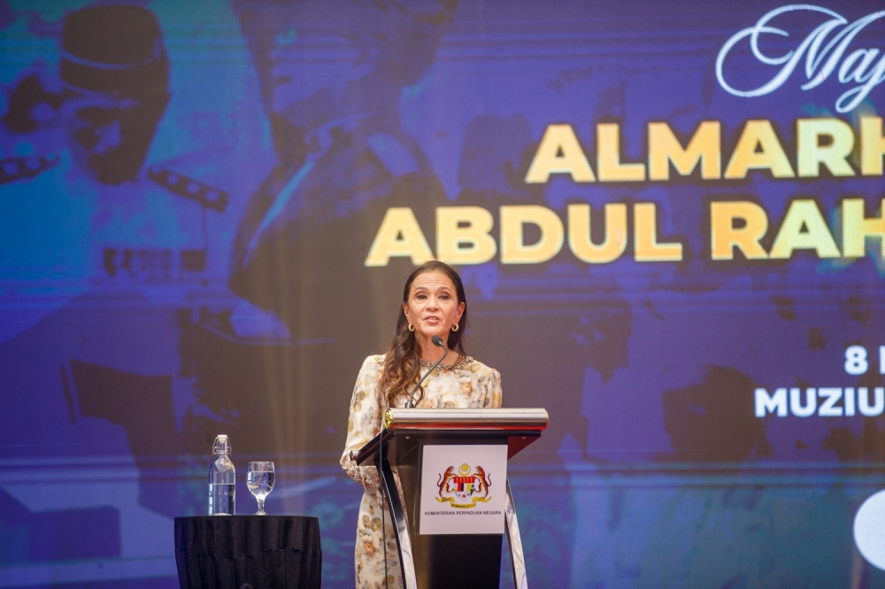 Datin Sri Sharifah Menyalara Syed Hussein, chairman of the Tunku Abdul Rahman Foundation, delivers her speech at the Commemoration Ceremony of the late Tunku Abdul Rahman Putra Al-Haj in Kuala Lumpur, February 8, 2026. — Picture by Raymond Manuel