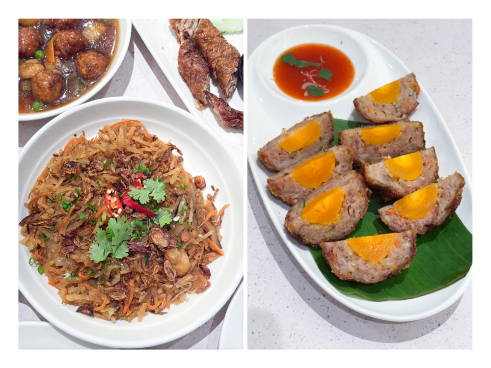 Ju Hu Char with Mum’s Homemade Chicken Meatballs make for a great meal (left). Wholesome Nyonya Scotch Eggs with its flavoured chicken meat and salted egg yolk (right). — Pictures by Lee Khang Yi