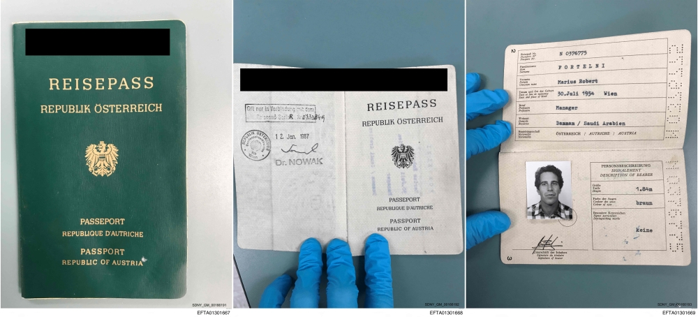This combination of three undated pictures provided by the US Department of Justice on January 30, 2026 as part of the Jeffrey Epstein files show an Austrian passport Jeffrey Epstein used under the assumed name of Marius Robert Fortelni. — US Department of Justice pic