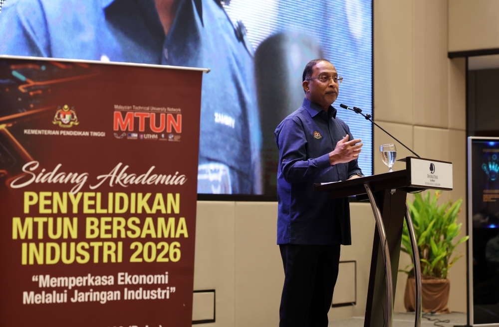 Higher Education Minister Datuk Seri Zambry Abd Kadir speaks at the opening ceremony of the MTUN Research Academia Conference with Industry 2026 at a hotel February 11, 2026. — Bernama pic