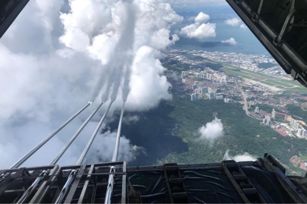 File picture of cloud seeding operations that were held over Penang island in May 2024. The Royal Malaysian Air Force (RMAF) has begun cloud seeding operations in Johor, Kedah and Perak to increase water levels at seven dams currently at warning levels due to prolonged hot and dry weather. — Picture courtesy of PBAPP