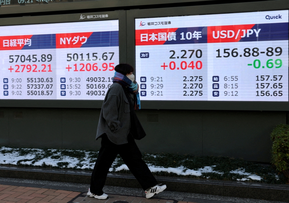 A woman walks past an electronic board displaying the Nikkei share average, the Dow Jones Industrial Average, the level of Japan’s 10-year government bonds and the exchange rate between the US dollar and Japanese yen, outside a brokerage in Tokyo February 9, 2026. — Reuters pic 