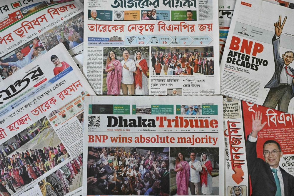 The front pages of newspapers featuring Bangladesh Nationalist Party (BNP) chairman and election candidate Tarique Rahman, are pictured in Dhaka this morning. — AFP pic