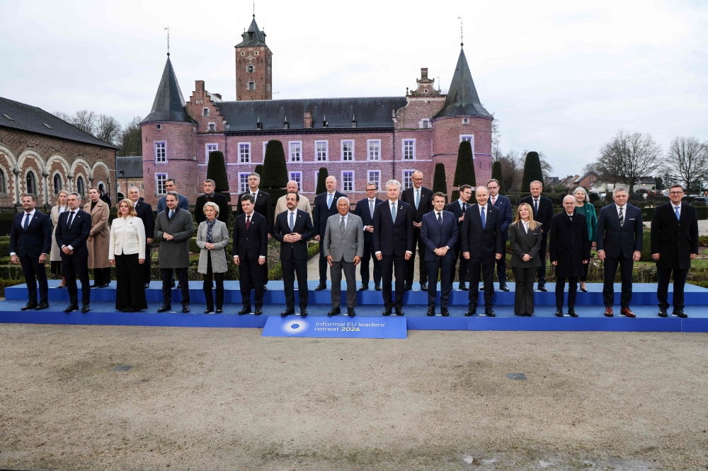 European Council President Antonio Costa (centre) pose with EU Leaders during a family photo as part of the Informal EU Leaders' Retreat at the Alden Biesen Castle, in Rijkhoven on February 12, 2026. — AFP pic 