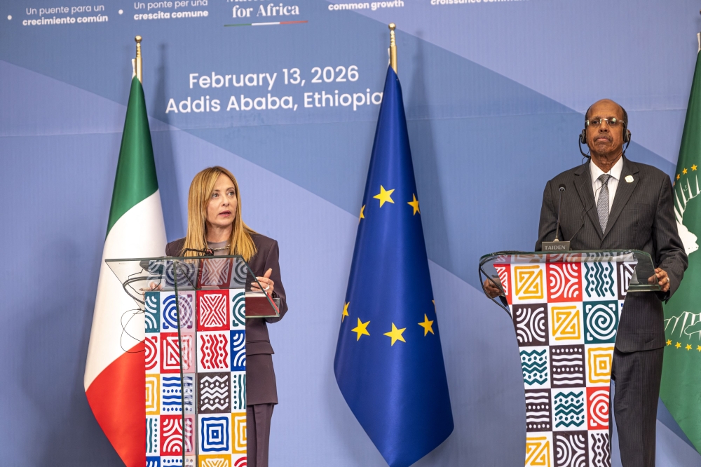 Italian Prime Minister Giorgia Meloni speaks as Mahmoud Ali Youssouf (right), Chairperson of the African Union Commission listens on during the closing press conference of the Second Italy-Africa Summit at the Addis International Convention Center (AICC) in Addis Ababa on February 13, 2026. — AFP pic 