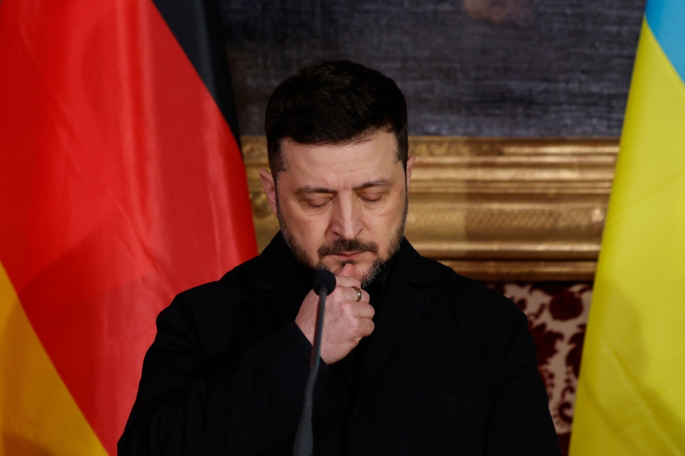 Ukrainian President Volodymyr Zelensky gives a press statement at the Munich Residence Palace, before the traditional dinner on the occasion of the Munich Security Conference (MSC) yesterday. — AFP pic