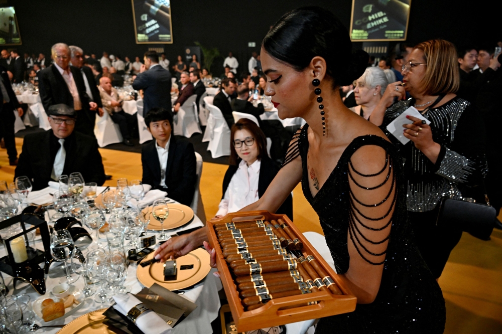 A model distributes cigars during an auction held as part of the closing ceremony of the XXV Habanos Festival in Havana on February 28, 2025. Cuba announced yesterday the cancellation of its Havana Cigar Festival, which brings in several million every year thanks to a renowned auction, at a time when the country is suffering a very severe energy crisis. — AFP pic 