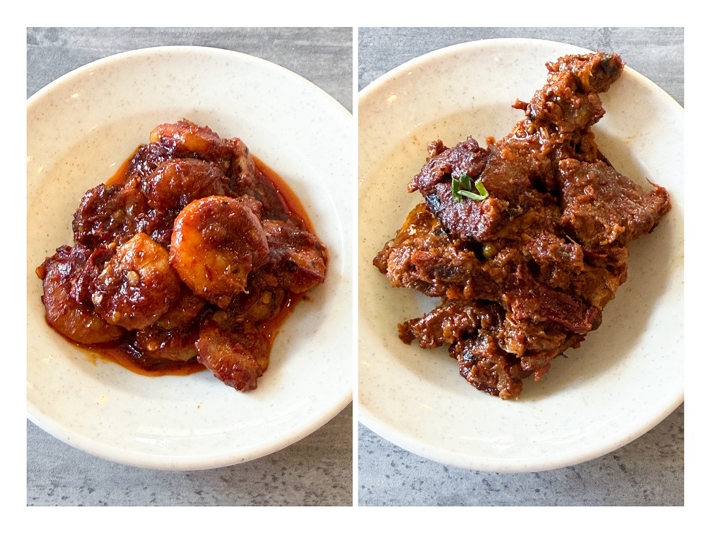 Extra items can be ordered like a spicy Prawn Sambal (left). The Pork Belly Peretal may not be super tender but the dry curry is fragrant with spices (right) — Pictures by Lee Khang Yi