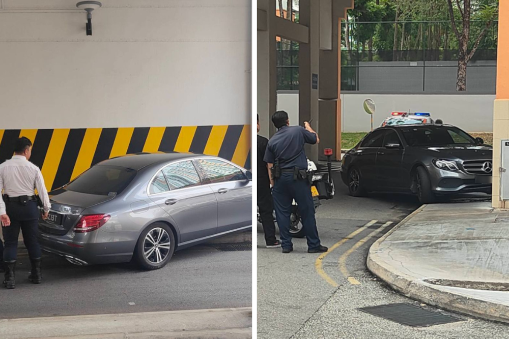 Singapore police were alerted to the incident at around 5.50am at Block 375 Bukit Batok Street 31, where the car was reportedly mounted on a curb. — Picture from social media 