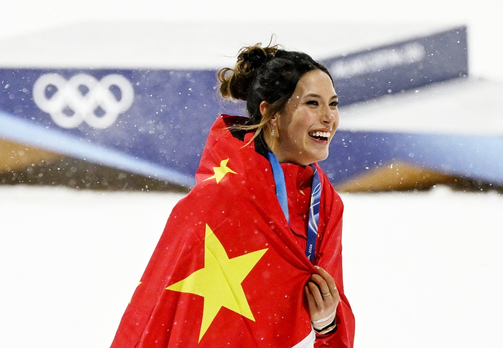 Silver medallist Eileen Gu of China celebrates after the podium for the Women’s Freeski Big Air Final at Livigno Snow Park, Livigno, February 16, 2026. — Reuters pic 