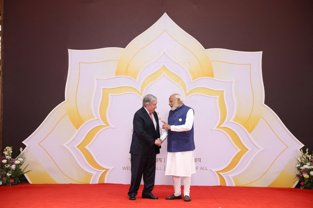 India’s Prime Minister Narendra Modi speaks with United Nations Secretary-General Antonio Guterres during a welcoming ceremony at AI Impact Summit, in New Delhi, India, February 18, 2026. — India’s Press Information Bureau handout pic via Reuters 