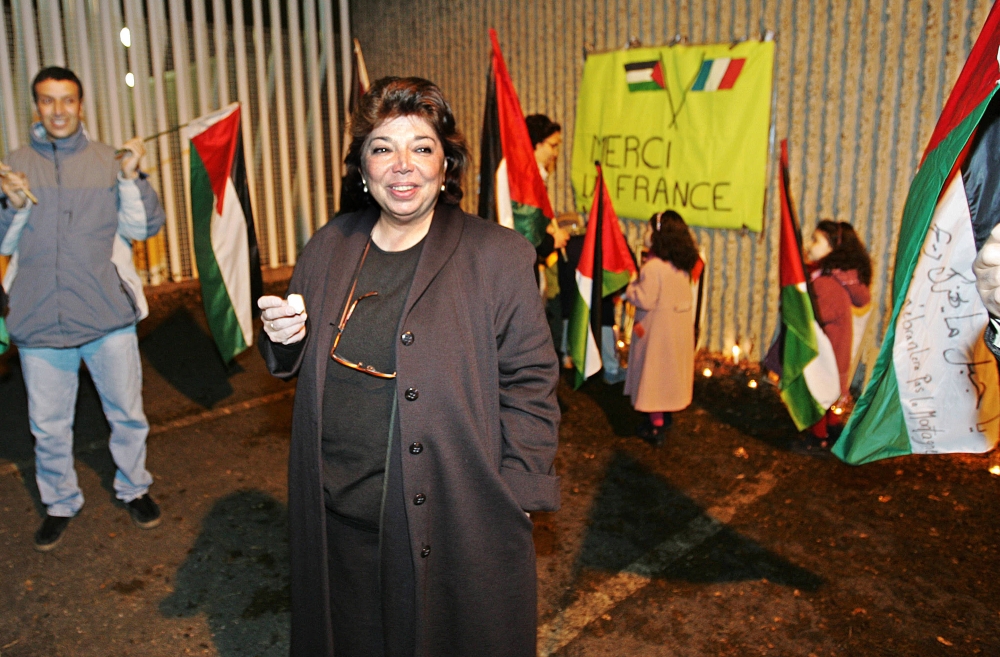 Palestinian representative in France Leila Shahid meets people gathered in front of the Percy military hospital in the southwestern Paris suburb of Clamart in support of Palestinian authority leader Yasser Arafat who is being treated, on November 2, 2004. Leila Shahid, former representative of Palestine in France, has died, her family told AFP yesterday. — AFP pic 