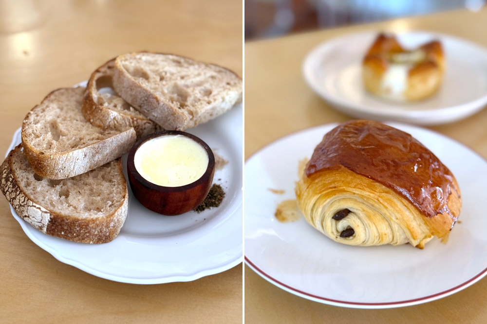 Sourdough bread, served with butter (left). ‘Pain au chocolat’ (right). — Pictures by CK Lim