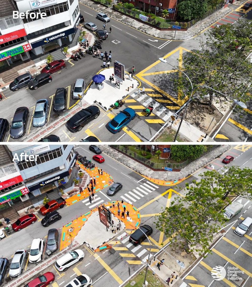 An aerial shot shows the before‑and‑after pictures of traffic conditions following road alterations at the CelcomDigi outlet section of Jalan Tun Mohd Fuad. — Picture courtesy of Global Designing Cities Initiative