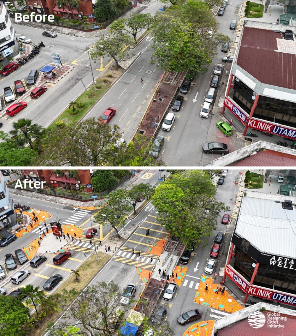 An aerial shot shows the before‑and‑after pictures of traffic conditions following road alterations at Jalan Tun Mohd Fuad. — Picture courtesy of Global Designing Cities Initiative