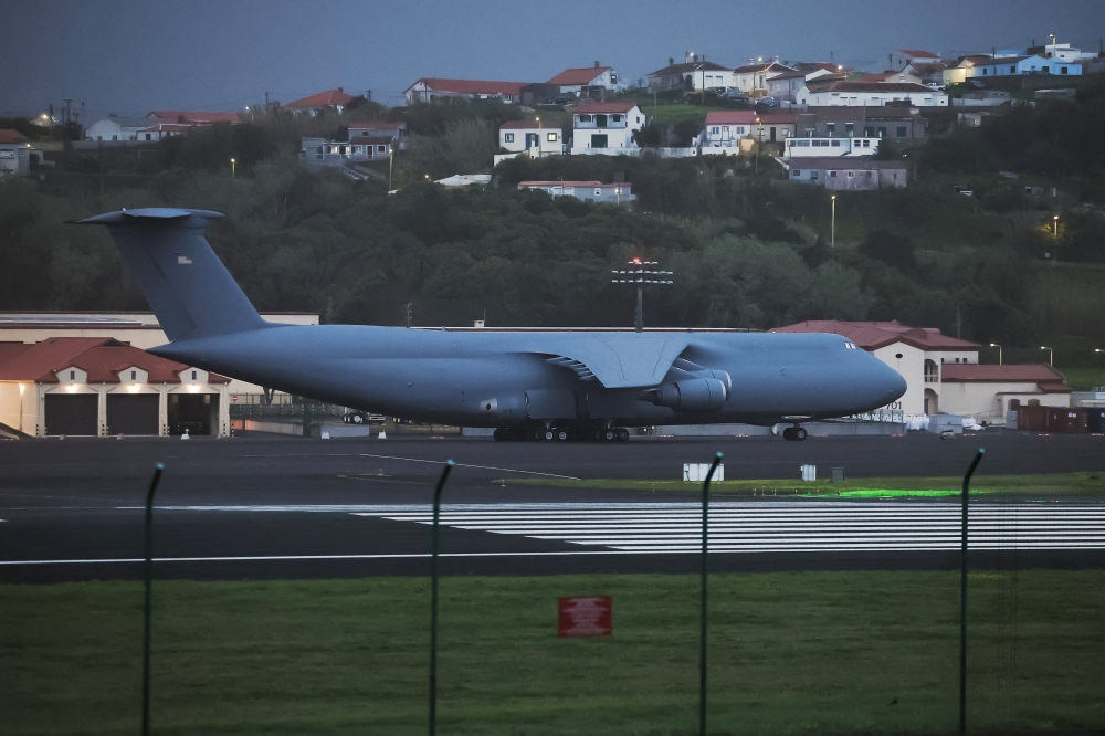A US military plane on the tarmac of Lajes air base in Terceira island, Azores, Portugal,February 20, 2026. — Reuters pic