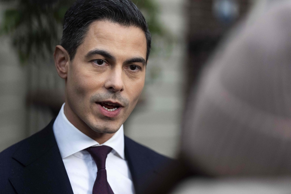 Netherlands' Prime Minister-designate of the centrist D66 party Rob Jetten speaks to the press after talks with prospective ministers in The Hague. — AFP pic