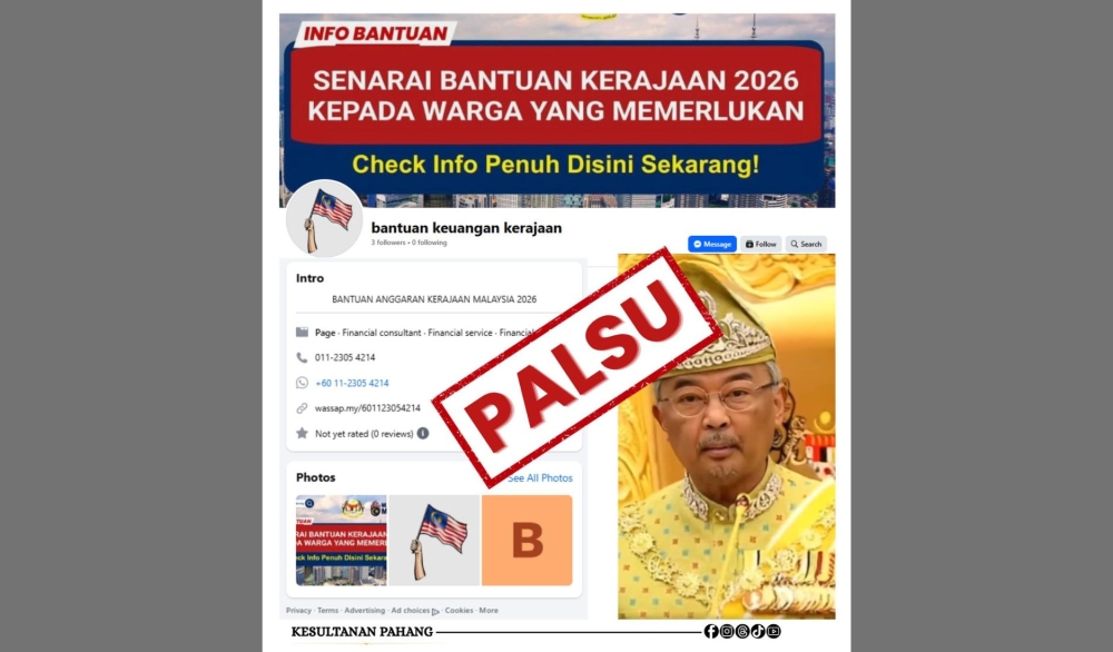 The Pahang Palace has warned the public about AI-generated videos falsely depicting Al-Sultan Abdullah Ri’ayatuddin Al-Mustafa Billah Shah offering financial aid. — Picture via Facebook/Kesultanan Pahang