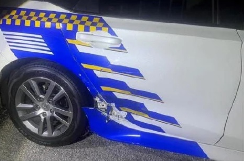 The police patrol car damaged after the suspect allegedly rammed it while attempting to flee in Sungai Petani. — Picture via Facebook