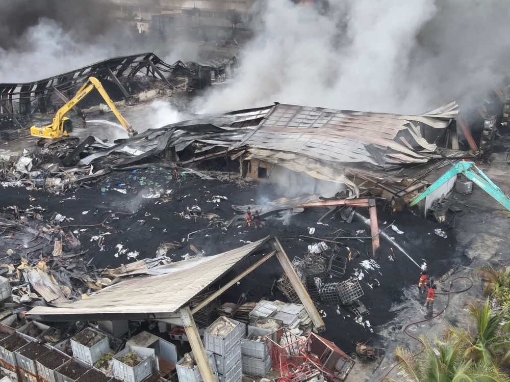 The aftermath of the damage caused by the fire to a warehouse facility at the Sengkang Industrial Area in Senai near Kulai. — Picture courtesy of the Johor Fire and Rescue Department
