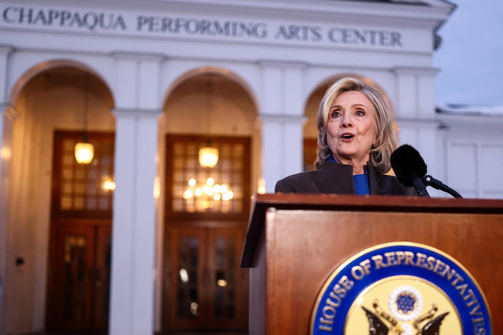 Former US Secretary of State Hillary Clinton speaks to the press after her a deposition with the House Oversight Committee as they investigate links to convicted sex offender Jeffrey Epstein, in Chappaqua, New York, on February 26, 2026. — AFP pic 