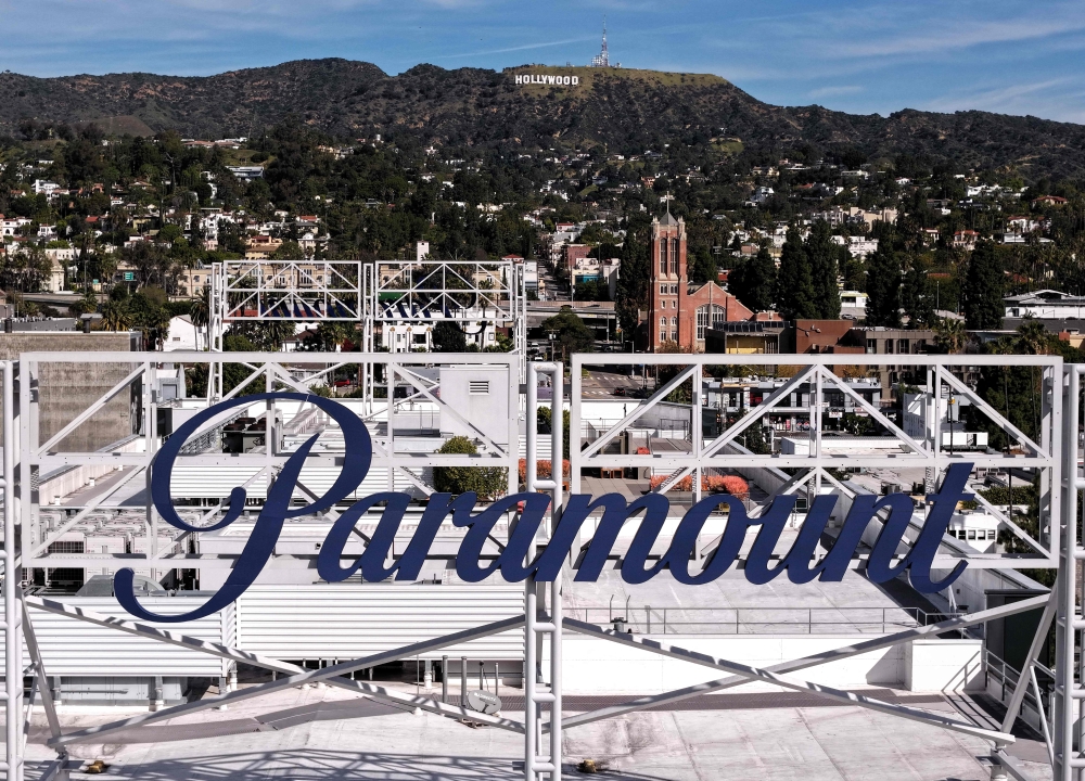 An aerial view of the Paramount logo displayed on the roof of a Paramount office on February 23, 2026 in Los Angeles, California. — AFP pic