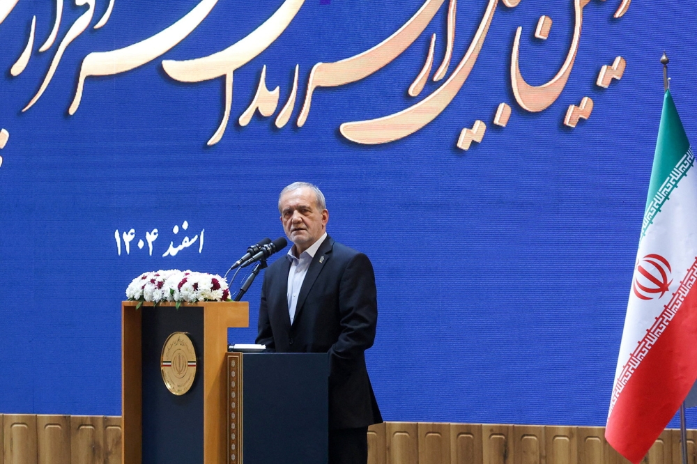 Iranian President Masoud Pezeshkian speaks during a meeting in Tehran, Iran, February 21, 2026. — Iran's Presidential website/Wana (West Asia News Agency) pic via Reuters
