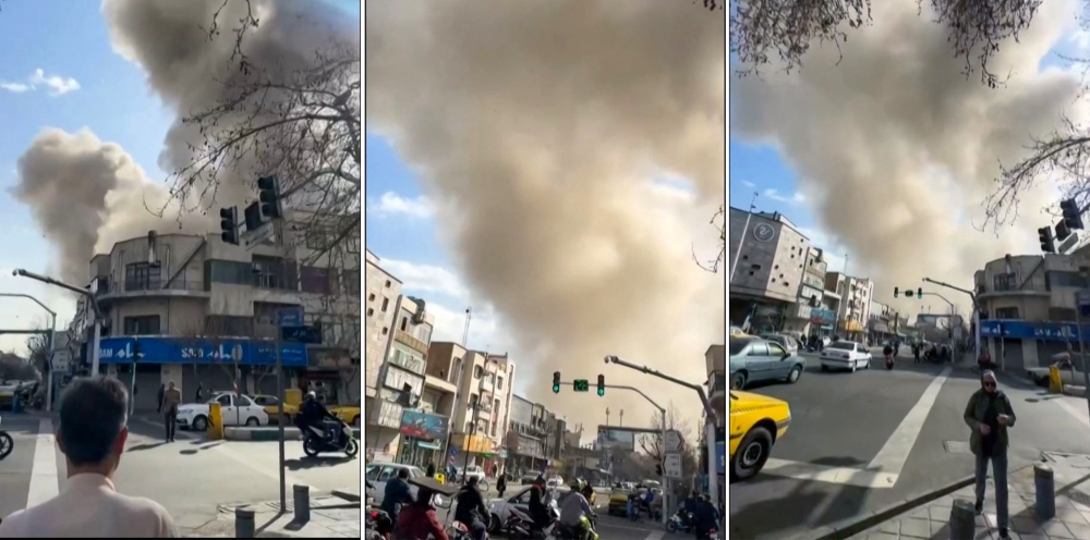 This combination of video grabs taken from UGC images posted on social media on February 28, 2026, and verified by AFPTV teams in Paris, show a repoted explosion in Tehran. — UGC/unknown/AFP pic