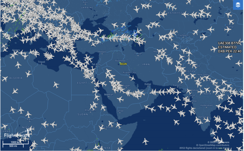 More than 9,600 flights had been delayed globally and more than 500 cancelled worldwide as of 1030 GMT February 28, 2026, according to flight tracking website FlightAware following the airstrikes involving the US, Israel, Iran and Iraq as countries in the Middle East region and its neighbours close their air space. — Screenshot from FlightAware satellite tracking