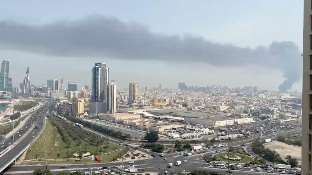 Smoke rises after the state news agency reported missile attack on the service center of the U.S. Fifth Fleet, following strikes by the United States and Israel against Iran, in Manama, Bahrain February 28, 2026. — Reuters pic