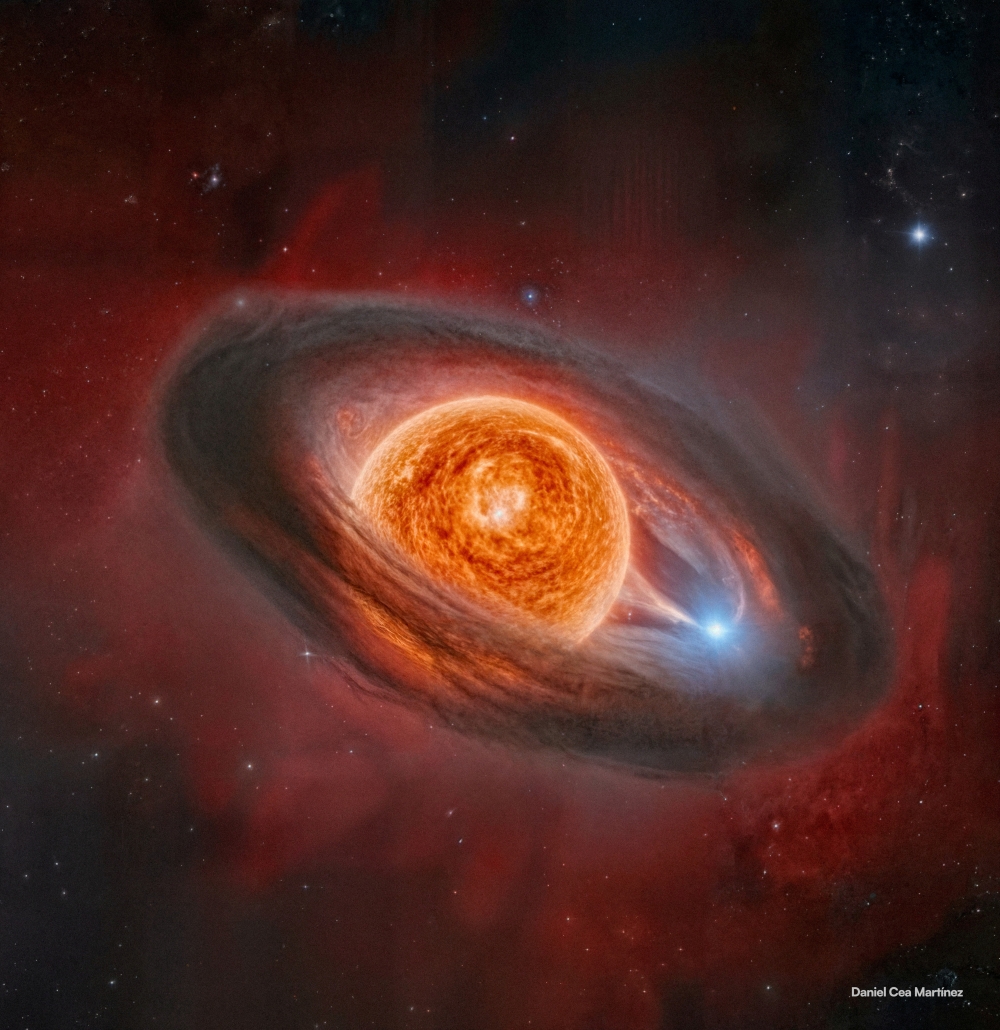 The huge star WOH G64, surrounded by a thick donut-shaped cloud of dust and its blue binary companion, some 163,000 light-years from Earth, is seen in this illustration released February 23, 2026. — Daniel Cea Martinez handout pic via Reuters 