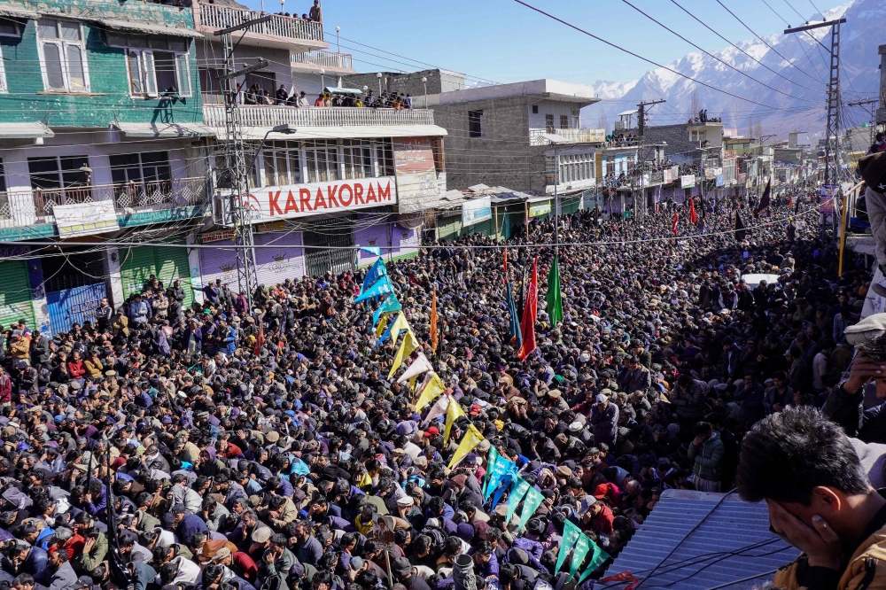 Shiite Muslims gather during an anti-US and Israel protest in Skardu in Pakistan’s Gilgit-Baltistan region on March 1, 2026. — AFP pic
