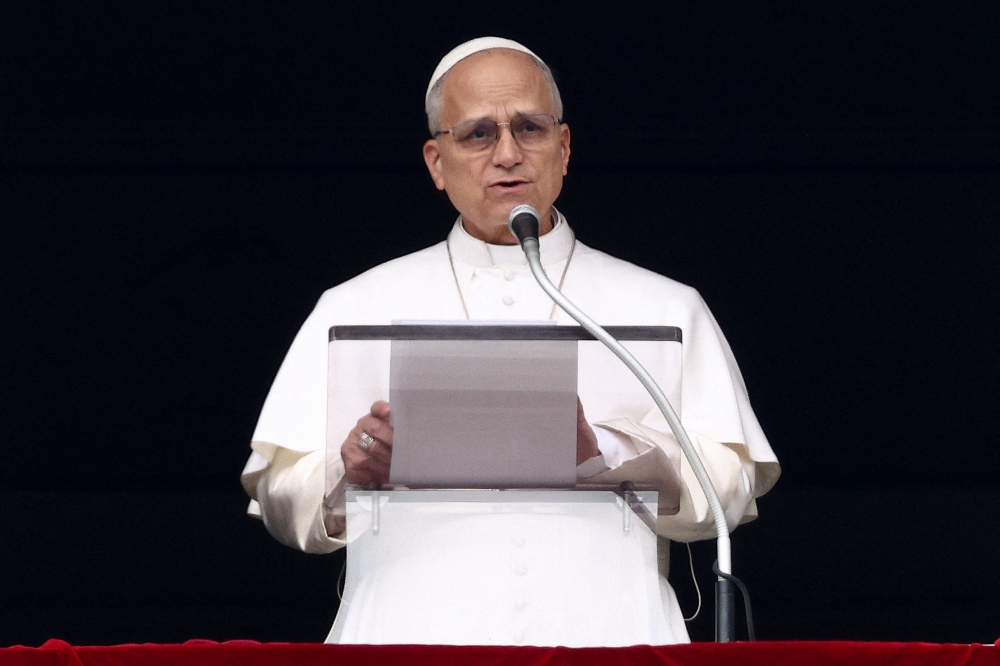 Pope Leo XIV leads the Angelus prayer from the window of the Apostolic Palace at the Vatican, March 1, 2026. — Reuters pic 