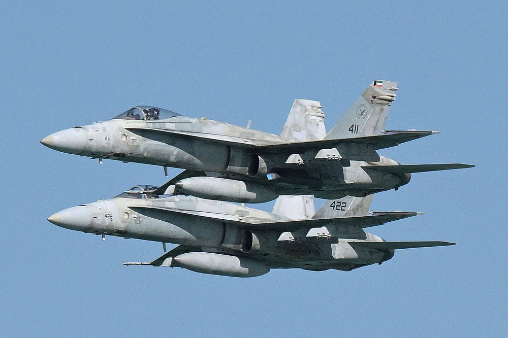 Kuwaiti Air Force fighter aircraft fly over during an airshow commemorating Kuwait's 65th Independence Day in Kuwait City on February 25, 2025. No injuries were reported after Kuwait air defences intercepted the majority of the drones near Rumaithiya and Salwa neighbourhoods, the state news ⁠agency cited the ⁠director-general of the ⁠civil defence as saying. — AFP pic 