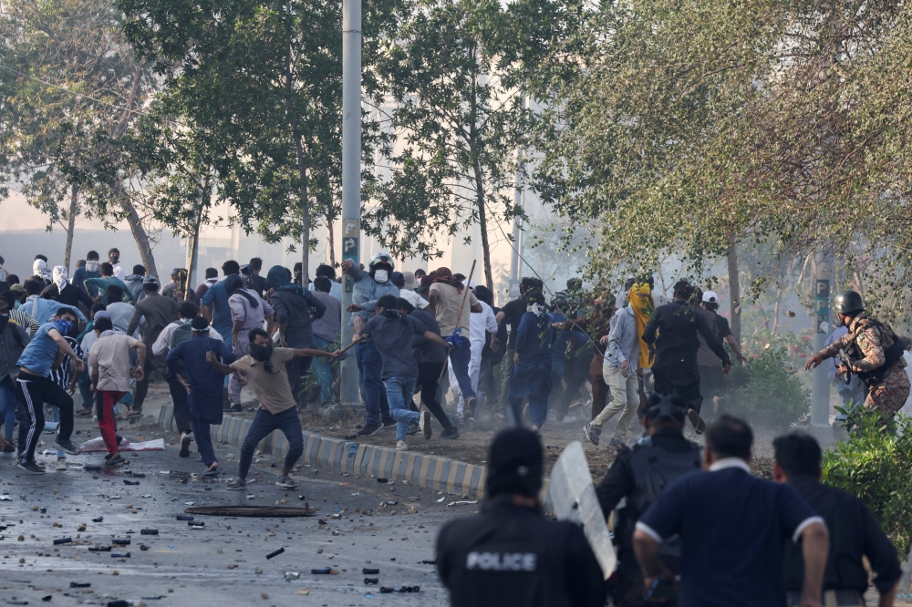 People protest outside the US Consulate General, following news of US and Israeli strikes on Iran that killed Iran’s Supreme Leader Ayatollah Ali Khamenei, in Karachi March 1, 2026. — Reuters pic  