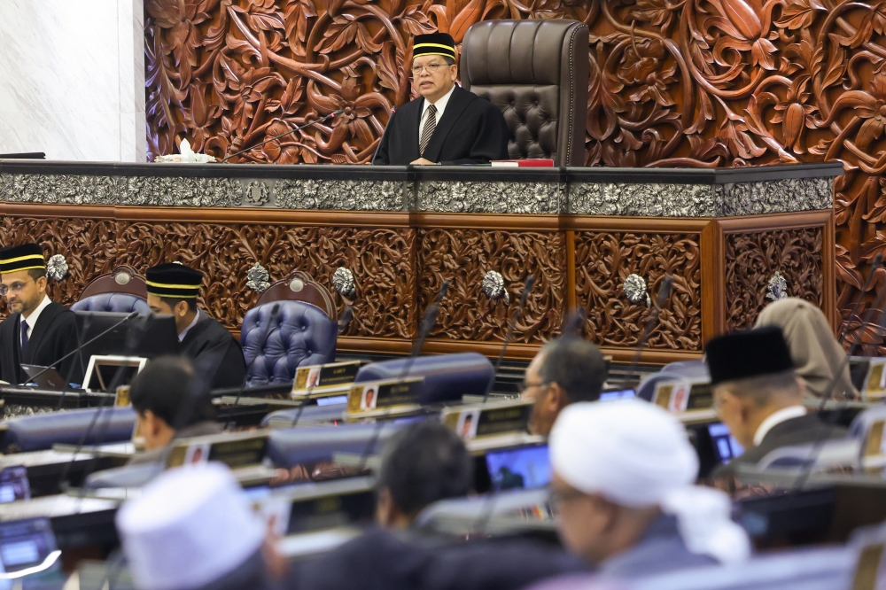 Dewan Rakyat Speaker Tan Sri Johari Abdul speaks during the second meeting of the fourth session of the 15th Parliament at the Parliament Building in Kuala Lumpur on July 21, 2025. — Bernama pic