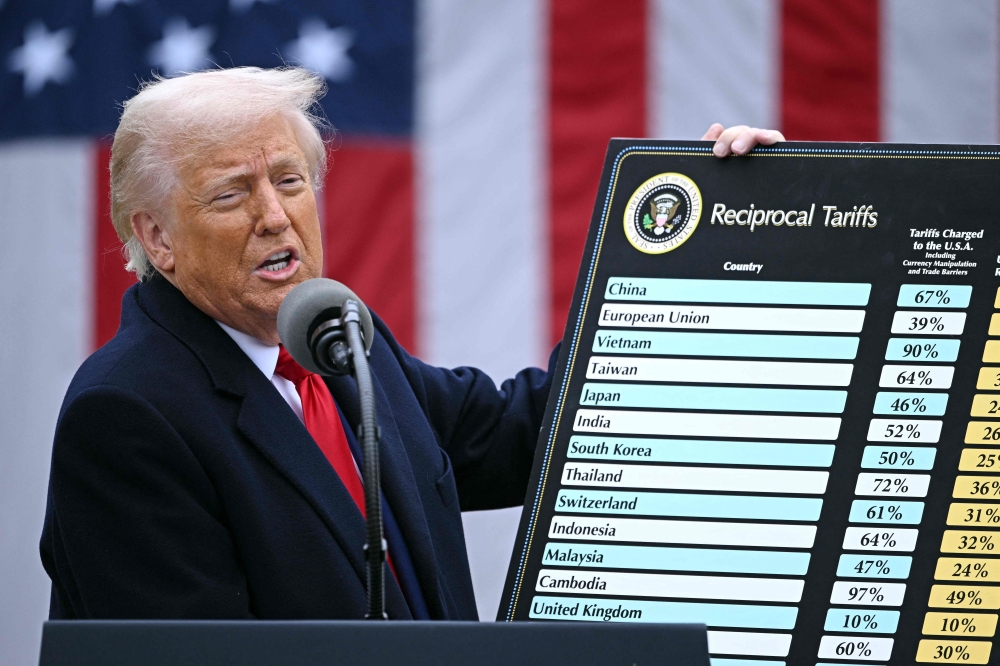 US President Donald Trump holds a chart on reciprocal tariffs while speaking about how to ‘Make America Wealthy Again’ at the White House in Washington April 2, 2025. — AFP pic