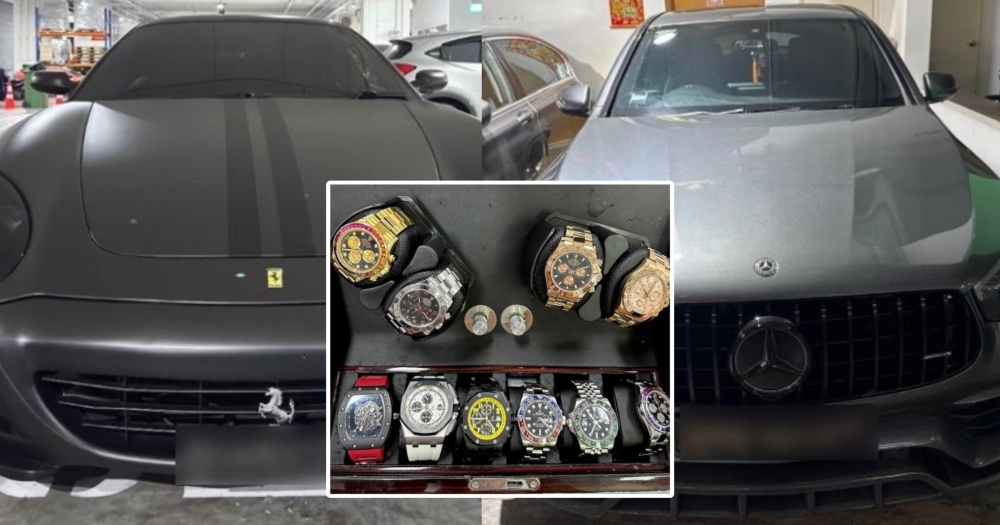 CNB officers seized vehicles, luxury goods and more than 1,200 etomidate-laced vape pods during coordinated raids across Singapore in late February. — Central Narcotics Bureau pic