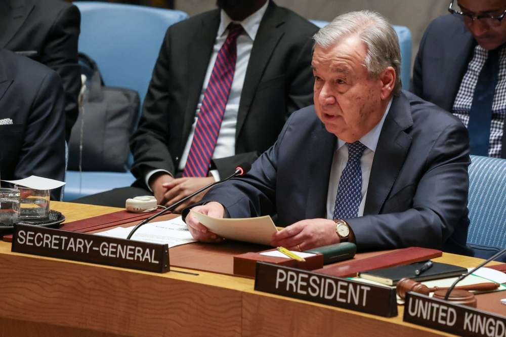 United Nations Secretary-General Antonio Guterres speaks during a United Nations Security Council meeting at the UN headquarters in New York City on February 28, 2026. — Reuters pic
