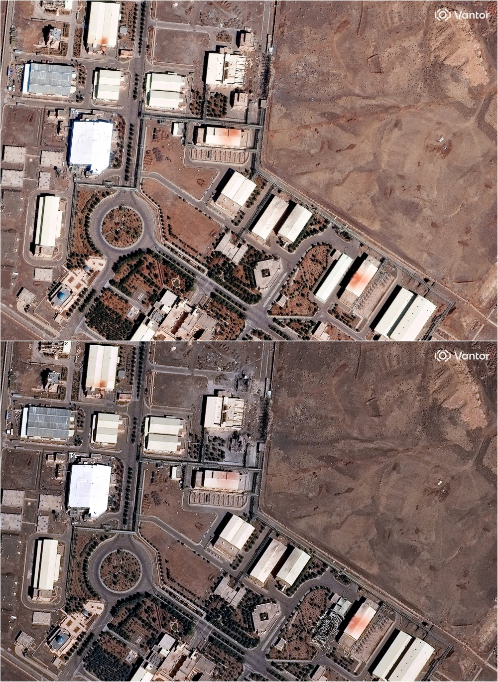 A combination of satellite images shows a closer view of the Natanz Nuclear Facility, near Natanz, Iran, March 1, 2026 (top), and the Natanz Nuclear Facility with new building damage, amid the US-Israeli conflict with Iran, near Natanz, Iran, March 2, 2026 (bottom). — Vantor/Handout via Reuters