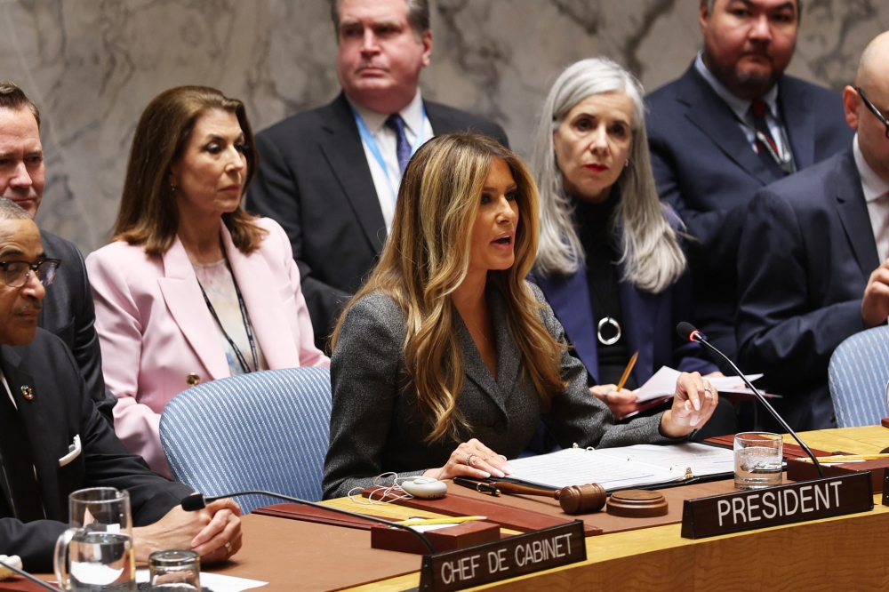 US first lady Melania Trump presides over a meeting of the United Nations Security Council at UN Headquarters in New York March 2, 2026. — AFP pic
