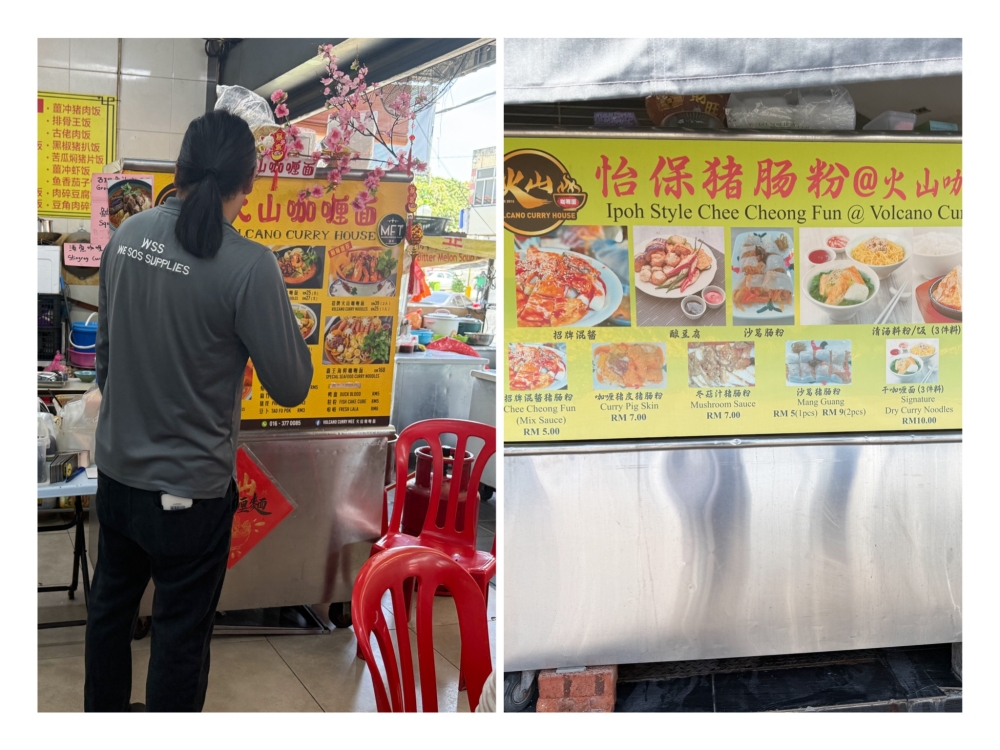 Tucked at the back, the Volcano Curry House offers 10 topping choices for its curry mee (left). The ‘chee cheong fun’ stall is right in front at the entrance of the eatery (right). — Pictures by Lee Khang Yi