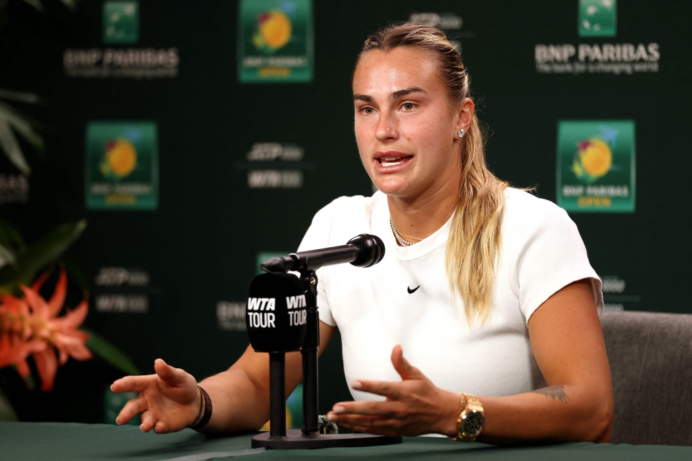 Aryna Sabalenka fields questions on media day during the BNP Paribas Open at the Indian Wells Tennis Garden on March 3, 2026 in Indian Wells, California. — Matthew Stockman/Getty Images North America/AFP pic