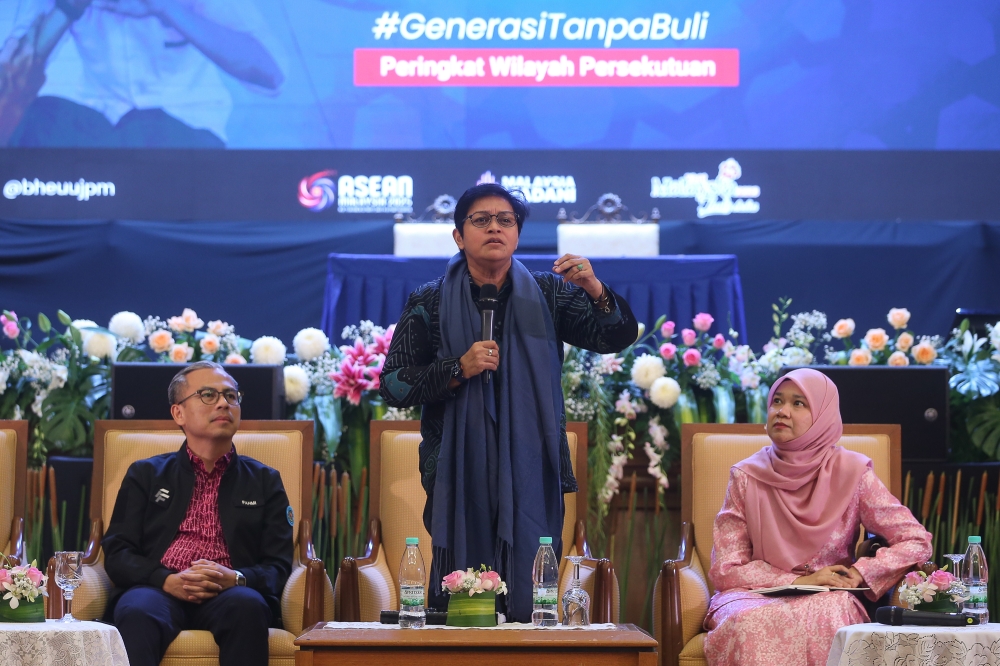 Minister in the Prime Minister’s Department (Law and Institutional Reform) Datuk Seri Azalina Othman Said speaks during the Anti-Bullying town hall session in Putrajaya on September 11, 2025. — Yusof Isa pic