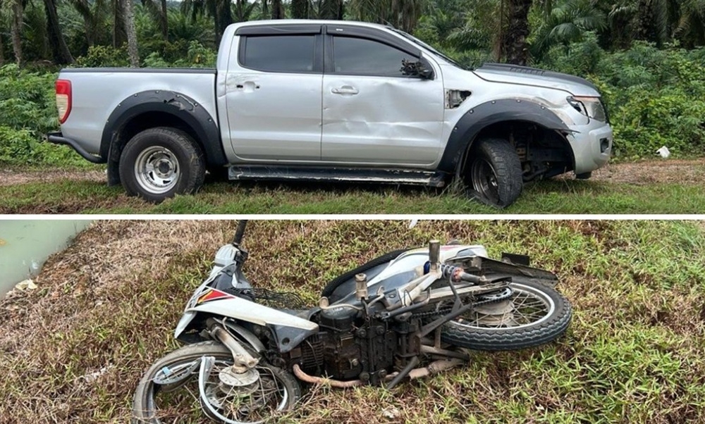 A motorcyclist and his elderly pillion rider were killed after their motorcycle was rammed by a four-wheel-drive vehicle allegedly driven by a man under the influence at Jalan Rencong, Lenga yesterday. — Picture courtesy of IPD Muar